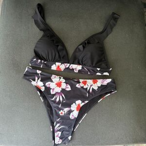 Black Floral Ruffled V Neck Bikini Sets Swimsuit Women Sexy Two Piece Beach Wear